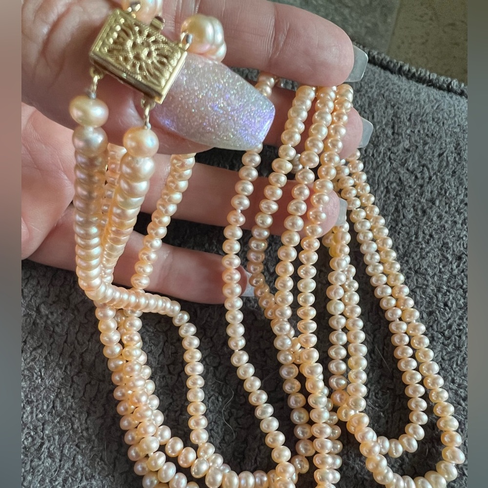 16” Double Fresh Water Button Pearl Necklace 14kt clasp